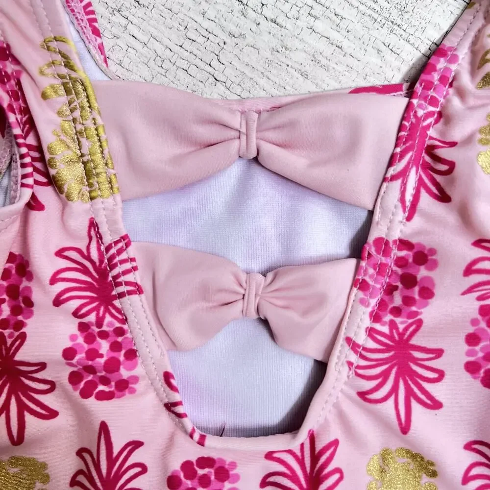 🍄 3/$15 Kiko & Max Swimsuit Girls 12M Pink Pineapple One Piece Bow Back Ruffle